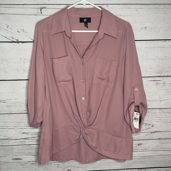 IZ Byer Women's Mauve Pink Twist Front Blouse Roll Tab Sleeve Bttton Up Shirt  L - Picture 1 of 7